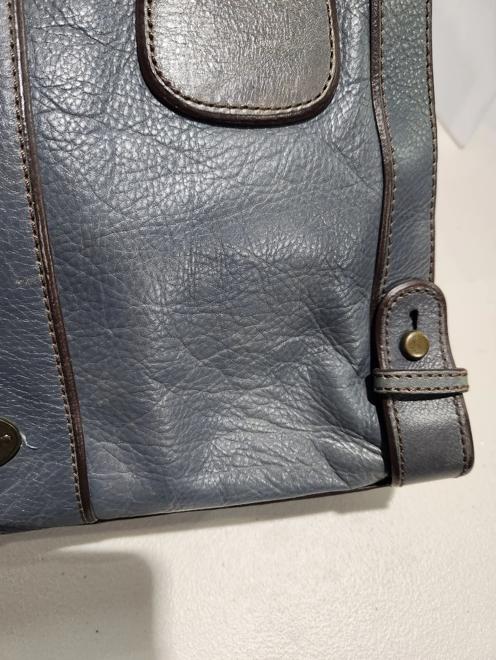 Fossil Vintage Reissue Leather Handbag Satchel Slate Blue With Key Accessory
